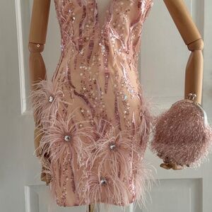 Sequins and feathers! Pink mini dress!